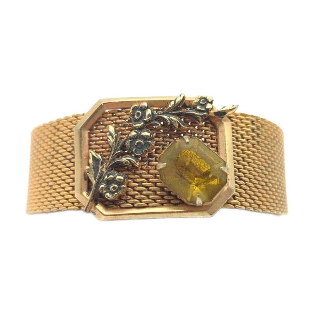 Victorian Gold Filled Mesh Slide Bracelet with Amber Glass Crystal